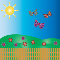 vector illustration with butterflies, sun,flowers,meadow and fence