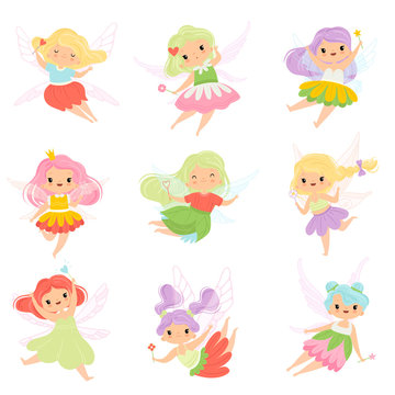 Cute Little Fairies in Colorful Dresses set, Lovely Winged Flying Girls with Magic Wands Vector Illustration