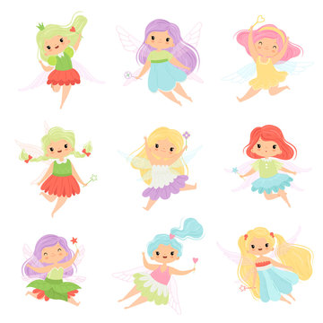 Cute Little Fairies in Colorful Dresses set, Beautiful Winged Flying Girls Vector Illustration