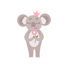 Cute Princess Koala Bear Wearing Pink Crown Standing with Flower, Funny Humanized Grey Animal Character Vector Illustration