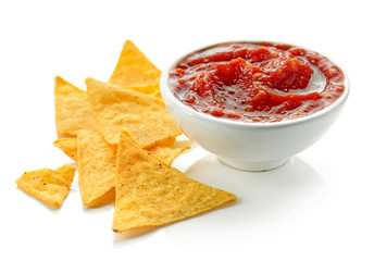 corn chips nachos and salsa sauce - obrazy, fototapety, plakaty