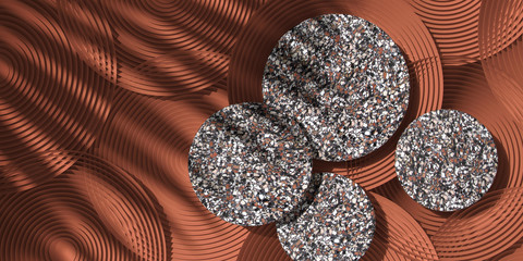 Cosmetic background for product presentation. Brown terrazzo podium on  orange circular geometry  background with shadow of leaf. 3d rendering illustration.