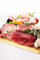 raw meat. Different types of raw pork meat, chicken and beef with spices and herbs