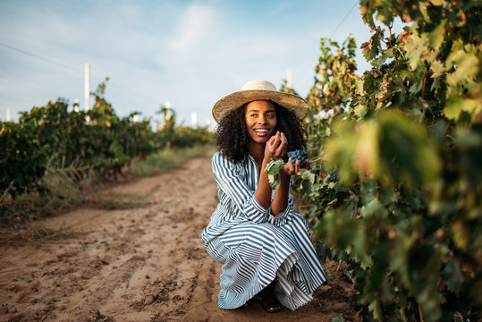 Young black woman eating a grape in a vineyard