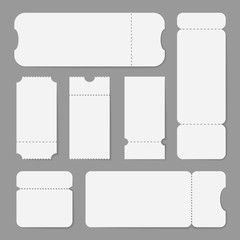 Realistic detailed 3d white blank tickets with shadows. Empty template mock up set for cinema or theater