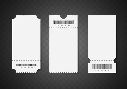 Realistic detailed 3d white blank tickets. Empty template mock up set for cinema or theater.
