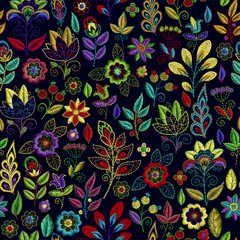 Embroidery seamless pattern with beautiful flowers. Vector handmade floral ornament on dark background. Embroidery for fashion products. Elegant tiled design, best for print fabric or papper and more.