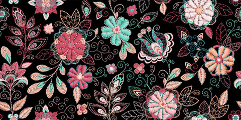 Embroidery seamless pattern with beautiful flowers. Vector handmade floral ornament on dark background. Embroidery for fashion products. Elegant tiled design, best for print fabric or papper and more. - 250492250