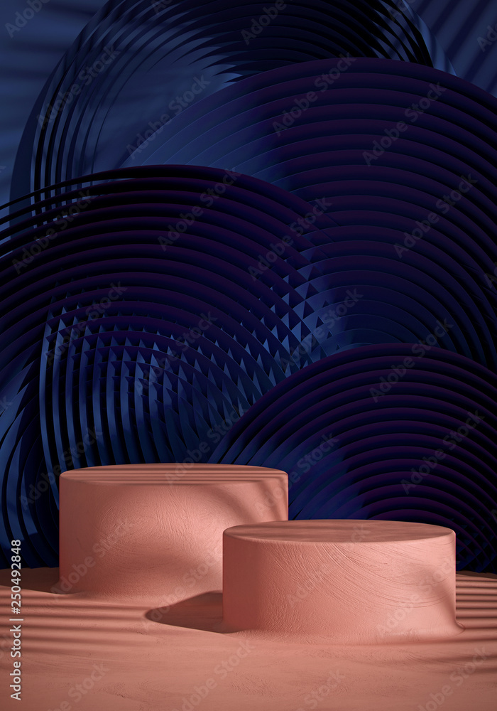 Poster cosmetic background for product presentation. nude color plaster texture podium on dark blue color c