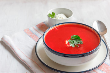 Traditional red beet soup - borsch. Vegetarian Diet Food