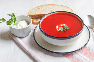 Traditional red beet soup - borsch. Vegetarian Diet Food