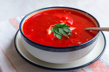 Traditional red beet soup - borsch. Vegetarian Diet Food