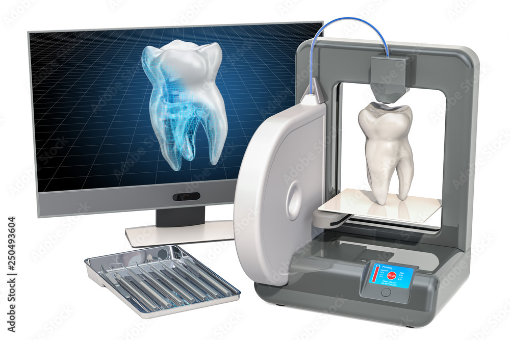 Poster artificial tooth on three dimensional printer, 3d printing in stomatology concept. 3d rendering