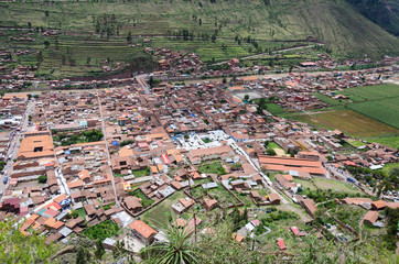 View from the Ruins of Pisac towards the city, Sacred Valley of the Incas Cusco PERU. - obrazy, fototapety, plakaty