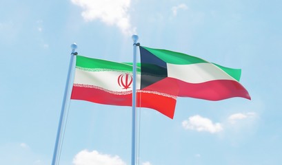 Kuwait and Iran, two flags waving against blue sky. 3d image