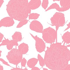 Beautiful seamless pattern with pink line roses and leaves. Hand drawn contour lines. Design greeting card and invitation. White background.