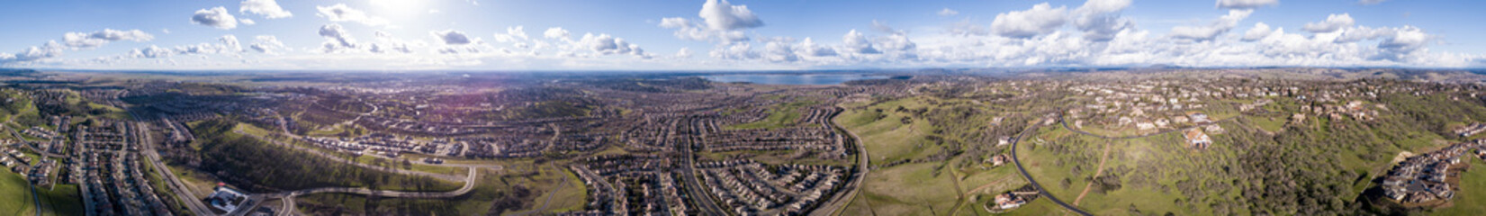 360 degree aerial panorama of Folsom California and Folsom Lake.