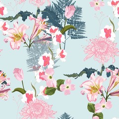 Spring blossom floral seamless pattern. Vintage background. Wallpaper. Blooming realistic isolated lilies, chrysanthemum, magnolia flowers and fern. Hand drawn. Blue background.
