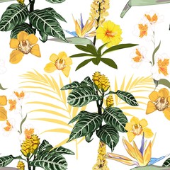 Tropical exotic yellow flowers and plants with green leaves on a white background. Seamless pattern. Fashion vintage summer wallpaper.