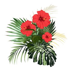 Botanical illustration, beautiful tropical flowers bouquet, red hibiscus flowers, palm leaves, exotic plants, floral clip art isolated on white background.