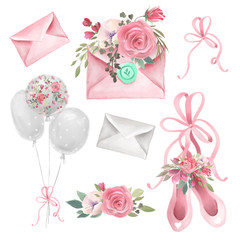 Watercolor illustrations ballet, ballerina theme - ballet shoes, envelopes (mails, letters), flowers and balloons - 250495448