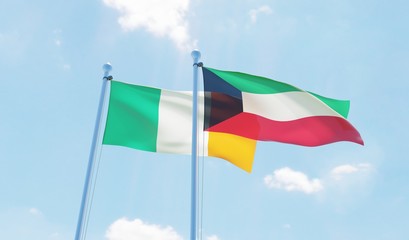 Kuwait and Ireland, two flags waving against blue sky. 3d image