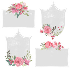 Set if hand drawn vintage, antique frames, shapes, teal and text dividers with flowers, floral wreath, rose bouquet