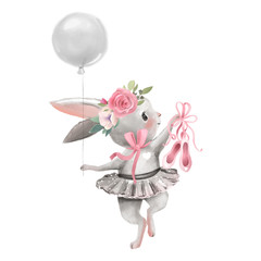 Cute ballerina, ballet girl baby bunny with flowers, floral wreath in a ballet dress with balloon and shoes - obrazy, fototapety, plakaty
