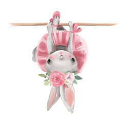 Cute ballerina, ballet girl baby bunny with flowers, floral wreath in a ballet dress