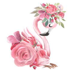 Cute dreaming girl baby pink flamingo with flowers, floral wreath - obrazy, fototapety, plakaty