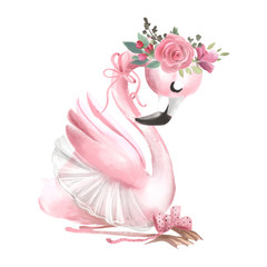 Cute ballerina, ballet girl baby flamingo with flowers, floral wreath in a ballet dress