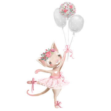 Cute ballerina, ballet girl baby kitten, cat with flowers, floral wreath in a ballet dress with balloons