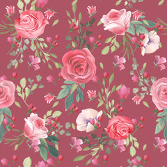 Beautiful, trendy, seamless, tileable pattern with watercolor pink rose blossoms, flowers, background