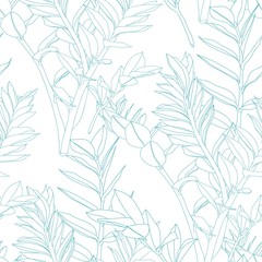 Floral seamless pattern, blue line split-leaf Zamioculcas plant on white background, line art.
