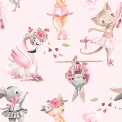 Wall murals Rabbit Beautiful, seamless, tileable pattern with watercolor ballerinas animals - bunny, kitten, cat and flamingo bird, ballet girls and pink rose blossoms, flowers
