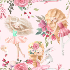 Beautiful, seamless, tileable pattern with watercolor ballerinas, ballet girls and pink rose blossoms, flowers