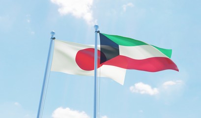 Kuwait and Japan, two flags waving against blue sky. 3d image