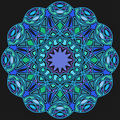 Blue symmetric ornament on black background.