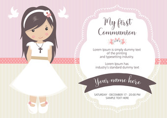 My first communion invitation. Beautiful girl with communion dress and cute frame