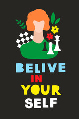 Colorful modern card or poster with woman portrait, chess and positive message.