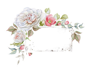 Floral Watercolor Frame with Delicate White and Pink Roses