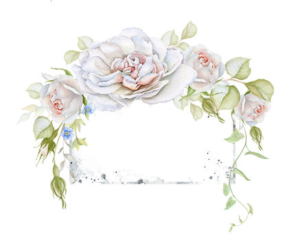 Floral Watercolor Frame with Delicate White Roses