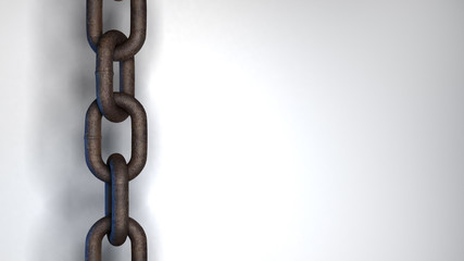 A rusty metal link chain hanging over a bright white background.
