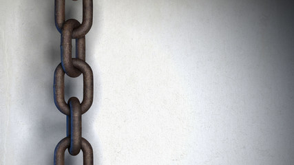 A rusty metal link chain hanging over a bright textured background.