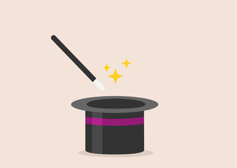 magic stick wand and hat. Flat vector.