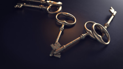 Old metal keys on a black background. 3d illustration
