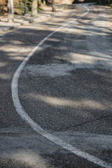 Curved asphalt road with full white line