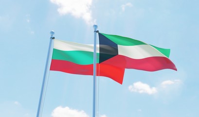 Kuwait and Bulgaria, two flags waving against blue sky. 3d image