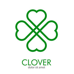 Logotipo abstracto con texto CLOVER con trébol lineal entrelazado de 4 hojas en color verde - obrazy, fototapety, plakaty