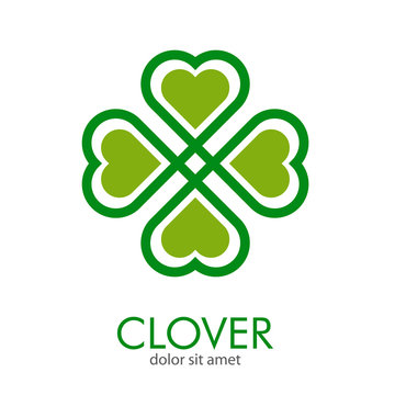 Logotipo abstracto con texto CLOVER con trébol lineal entrelazado de 4 hojas con relleno reducido en color verde